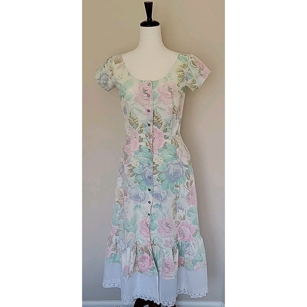 Vintage Handmade Tiered Maxi Dress Size S Prairie Cottage Floral Pastel Button